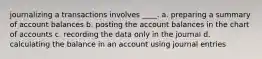 journalizing a transactions involves ____. a. preparing a summary of account balances b. posting the account balances in the chart of accounts c. recording the data only in the journal d. calculating the balance in an account using journal entries