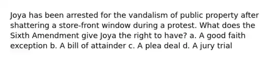 Joya has been arrested for the vandalism of public property after shattering a store-front window during a protest. What does the Sixth Amendment give Joya the right to have? a. A good faith exception b. A bill of attainder c. A plea deal d. A jury trial