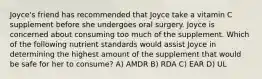 Joyce's friend has recommended that Joyce take a vitamin C supplement before she undergoes oral surgery. Joyce is concerned about consuming too much of the supplement. Which of the following nutrient standards would assist Joyce in determining the highest amount of the supplement that would be safe for her to consume? A) AMDR B) RDA C) EAR D) UL