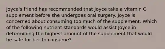 Joyce's friend has recommended that Joyce take a vitamin C supplement before she undergoes oral surgery. Joyce is concerned about consuming too much of the supplement. Which of the following nutrient standards would assist Joyce in determining the highest amount of the supplement that would be safe for her to consume?