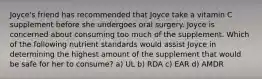 Joyce's friend has recommended that Joyce take a vitamin C supplement before she undergoes oral surgery. Joyce is concerned about consuming too much of the supplement. Which of the following nutrient standards would assist Joyce in determining the highest amount of the supplement that would be safe for her to consume? a) UL b) RDA c) EAR d) AMDR