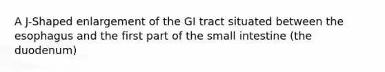 A J-Shaped enlargement of the GI tract situated between <a href='https://www.questionai.com/knowledge/kSjVhaa9qF-the-esophagus' class='anchor-knowledge'>the esophagus</a> and the first part of <a href='https://www.questionai.com/knowledge/kt623fh5xn-the-small-intestine' class='anchor-knowledge'>the small intestine</a> (the duodenum)