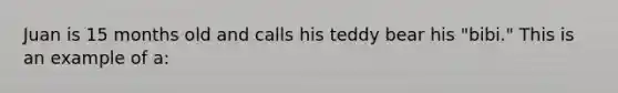 Juan is 15 months old and calls his teddy bear his "bibi." This is an example of a: