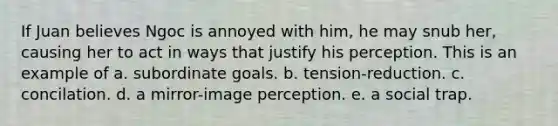 If Juan believes Ngoc is annoyed with him, he may snub her, causing her to act in ways that justify his perception. This is an example of a. subordinate goals. b. tension-reduction. c. concilation. d. a mirror-image perception. e. a social trap.