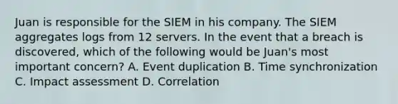 Juan is responsible for the SIEM in his company. The SIEM aggregates logs from 12 servers. In the event that a breach is discovered, which of the following would be Juan's most important concern? A. Event duplication B. Time synchronization C. Impact assessment D. Correlation