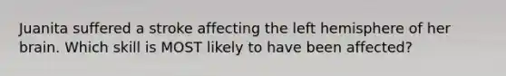 Juanita suffered a stroke affecting the left hemisphere of her brain. Which skill is MOST likely to have been affected?