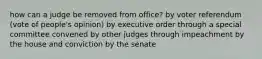 how can a judge be removed from office? by voter referendum (vote of people's opinion) by executive order through a special committee convened by other judges through impeachment by the house and conviction by the senate