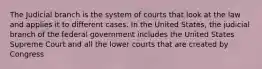 The Judicial branch is the system of courts that look at the law and applies it to different cases. In the United States, the judicial branch of the federal government includes the United States Supreme Court and all the lower courts that are created by Congress