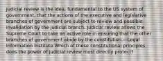 Judicial review is the idea, fundamental to the US system of government, that the actions of the executive and legislative branches of government are subject to review and possible invalidation by the judicial branch. Judicial review allows the Supreme Court to take an active role in ensuring that the other branches of government abide by the constitution.—Legal Information Institute Which of these constitutional principles does the power of judicial review most directly protect?