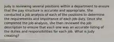Judy is reviewing several positions within a department to ensure that the pay structure is accurate and appropriate. She conducted a job analysis of each of the positions to determine the requirements and importance of each job duty. Once she completed the job analysis, she then reviewed the job description to ensure that each one was an accurate listing of the duties and responsibilities for each job. What is Judy creating?