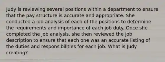 Judy is reviewing several positions within a department to ensure that the pay structure is accurate and appropriate. She conducted a job analysis of each of the positions to determine the requirements and importance of each job duty. Once she completed the job analysis, she then reviewed the job description to ensure that each one was an accurate listing of the duties and responsibilities for each job. What is Judy creating?
