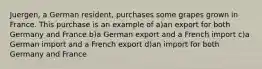 Juergen, a German resident, purchases some grapes grown in France. This purchase is an example of a)an export for both Germany and France b)a German export and a French import c)a German import and a French export d)an import for both Germany and France