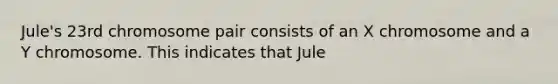 Jule's 23rd chromosome pair consists of an X chromosome and a Y chromosome. This indicates that Jule