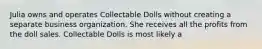 Julia owns and operates Collectable Dolls without creating a separate business organization. She receives all the profits from the doll sales. Collectable Dolls is most likely a​