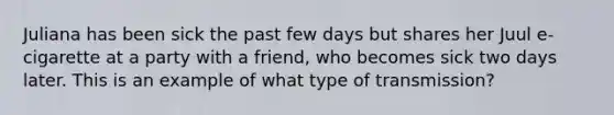 Juliana has been sick the past few days but shares her Juul e-cigarette at a party with a friend, who becomes sick two days later. This is an example of what type of transmission?