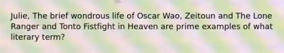 Julie, The brief wondrous life of Oscar Wao, Zeitoun and The Lone Ranger and Tonto Fistfight in Heaven are prime examples of what literary term?