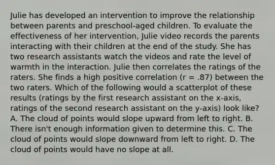 Julie has developed an intervention to improve the relationship between parents and preschool-aged children. To evaluate the effectiveness of her intervention, Julie video records the parents interacting with their children at the end of the study. She has two research assistants watch the videos and rate the level of warmth in the interaction. Julie then correlates the ratings of the raters. She finds a high positive correlation (r = .87) between the two raters. Which of the following would a scatterplot of these results (ratings by the first research assistant on the x-axis, ratings of the second research assistant on the y-axis) look like? A. The cloud of points would slope upward from left to right. B. There isn't enough information given to determine this. C. The cloud of points would slope downward from left to right. D. The cloud of points would have no slope at all.