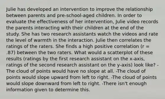 Julie has developed an intervention to improve the relationship between parents and pre-school-aged children. In order to evaluate the effectiveness of her intervention, Julie video records the parents interacting with their children at the end of the study. She has two research assistants watch the videos and rate the level of warmth in the interaction. Julie then correlates the ratings of the raters. She finds a high positive correlation (r = .87) between the two raters. What would a scatterplot of these results (ratings by the first research assistant on the x-axis, ratings of the second research assistant on the y-axis) look like? -The cloud of points would have no slope at all. -The cloud of points would slope upward from left to right. -The cloud of points would slope downward from left to right. -There isn't enough information given to determine this.