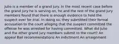 Julio is a member of a grand jury. In the most recent case before the grand jury he is serving on, he and the rest of the grand jury members found that there is enough evidence to hold the suspect over for trial. In doing so, they submitted their formal accusation to the court alleging that the suspect committed the offense he was arrested for having committed. What did Julio and the other grand jury members submit to the court? An appeal Bail recommendations An indictment An arraignment