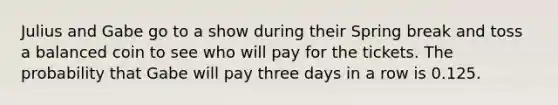 Julius and Gabe go to a show during their Spring break and toss a balanced coin to see who will pay for the tickets. The probability that Gabe will pay three days in a row is 0.125.