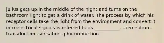 Julius gets up in the middle of the night and turns on the bathroom light to get a drink of water. The process by which his receptor cells take the light from the environment and convert it into electrical signals is referred to as ___________. -perception -transduction -sensation -photoreduction