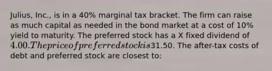 Julius, Inc., is in a 40% marginal tax bracket. The firm can raise as much capital as needed in the bond market at a cost of 10% <a href='https://www.questionai.com/knowledge/kiCmxzoISy-yield-to-maturity' class='anchor-knowledge'>yield to maturity</a>. The <a href='https://www.questionai.com/knowledge/knMe8J8s7L-preferred-stock' class='anchor-knowledge'>preferred stock</a> has a X fixed dividend of 4.00. The price of preferred stock is31.50. The after-tax costs of debt and preferred stock are closest to: