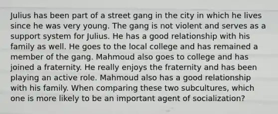 Julius has been part of a street gang in the city in which he lives since he was very young. The gang is not violent and serves as a support system for Julius. He has a good relationship with his family as well. He goes to the local college and has remained a member of the gang. Mahmoud also goes to college and has joined a fraternity. He really enjoys the fraternity and has been playing an active role. Mahmoud also has a good relationship with his family. When comparing these two subcultures, which one is more likely to be an important agent of socialization?