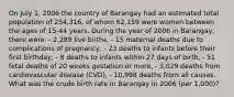 On July 1, 2006 the country of Barangay had an estimated total population of 254,316, of whom 62,159 were women between the ages of 15-44 years. During the year of 2006 in Barangay, there were: - 2,289 live births, - 15 maternal deaths due to complications of pregnancy, - 23 deaths to infants before their first birthday, - 8 deaths to infants within 27 days of birth, - 51 fetal deaths of 20 weeks gestation or more, - 3,029 deaths from cardiovascular disease (CVD), - 10,998 deaths from all causes. What was the crude birth rate in Barangay in 2006 (per 1,000)?