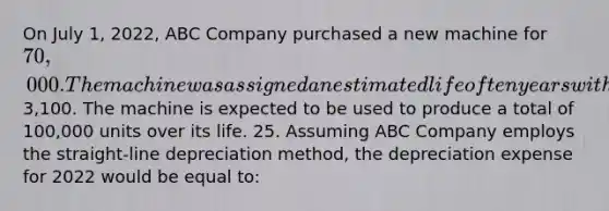 On July 1, 2022, ABC Company purchased a new machine for 70,000. The machine was assigned an estimated life of ten years with an expected residual value of3,100. The machine is expected to be used to produce a total of 100,000 units over its life. 25. Assuming ABC Company employs the straight-line depreciation method, the depreciation expense for 2022 would be equal to: