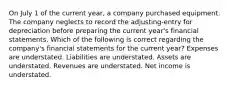 On July 1 of the current year, a company purchased equipment. The company neglects to record the adjusting-entry for depreciation before preparing the current year's financial statements. Which of the following is correct regarding the company's financial statements for the current year? Expenses are understated. Liabilities are understated. Assets are understated. Revenues are understated. Net income is understated.