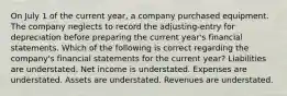 On July 1 of the current year, a company purchased equipment. The company neglects to record the adjusting-entry for depreciation before preparing the current year's financial statements. Which of the following is correct regarding the company's financial statements for the current year? Liabilities are understated. Net income is understated. Expenses are understated. Assets are understated. Revenues are understated.