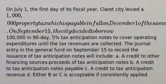 On July 1, the first day of its fiscal year, Claret city levied a 1,000,000 property tax which is payable in full on December 1 of the same year. On September 15, the city decided to borrow100,000 in 90-day, 5% tax anticipation notes to cover operating expenditures until the tax revenues are collected. The journal entry in the general fund on September 15 to record the issuance of tax anticipation notes will include: a. A credit to other financing sources-proceeds of tax anticipation notes b. A credit to tax anticipation notes payable c. A credit to tax anticipation revenue d. Either B or C is acceptable if consistently applied