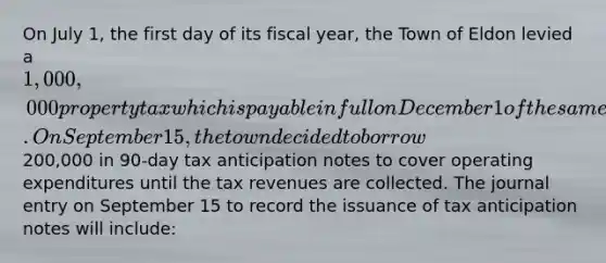 On July 1, the first day of its fiscal year, the Town of Eldon levied a 1,000,000 property tax which is payable in full on December 1 of the same year. On September 15, the town decided to borrow200,000 in 90-day tax anticipation notes to cover operating expenditures until the tax revenues are collected. The journal entry on September 15 to record the issuance of tax anticipation notes will include: