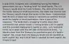 In July​ 2010, Congress was considering having the federal government set up a​ "lending fund" for small banks. The U.S. Treasury would lend the funds to banks. The more of the funds the banks loaned to small​ businesses, the lower the interest rate the Treasury would charge the banks on the loans. Congressman Walt Minnick of Idaho was asked to comment on whether the bill would be helpful to small businesses. Here is part of his​ response: ​"The bank​ that's struggling to write down their commercial real estate assets is having to take a hit to​ capital, and this provides replacement capital on​ very, very favorable terms. So it deals with the left side of the balance​ sheet..." a. Would a loan from the Treasury be counted as part of a​ bank's capital? ​-No, a loan from the treasury would not be counted as bank capital ​-Yes, any kind of loan is counted as bank capital -No. A​ bank's capit