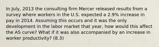 In July, 2013 the consulting firm Mercer released results from a survey where workers in the U.S. expected a 2.9% increase in pay in 2014. Assuming this occurs and it was the only development in the labor market that year, how would this affect the AS curve? What if it was also accompanied by an increase in worker productivity? (8.3)