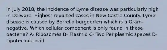 In July 2018, the incidence of Lyme disease was particularly high in Delware. Highest reported cases in New Castle County. Lyme disease is caused by Borrelia burgdorferi which is a Gram-negative. Which cellular component is only found in these bacteria? A- Ribosomes B- Plasmid C- Two Periplasmic spaces D- Lipotechoic acid