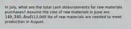 In July, what are the total cash disbursements for raw materials purchases? Assume the cost of raw materials in June are 149,340. And113,000 lbs of raw materials are needed to meet production in August.