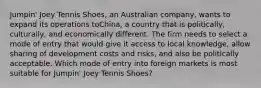 Jumpin' Joey Tennis Shoes, an Australian company, wants to expand its operations toChina, a country that is politically, culturally, and economically different. The firm needs to select a mode of entry that would give it access to local knowledge, allow sharing of development costs and risks, and also be politically acceptable. Which mode of entry into foreign markets is most suitable for Jumpin' Joey Tennis Shoes?