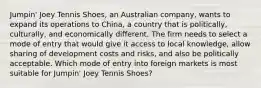 Jumpin' Joey Tennis Shoes, an Australian company, wants to expand its operations to China, a country that is politically, culturally, and economically different. The firm needs to select a mode of entry that would give it access to local knowledge, allow sharing of development costs and risks, and also be politically acceptable. Which mode of entry into foreign markets is most suitable for Jumpin' Joey Tennis Shoes?