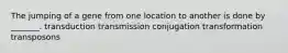 The jumping of a gene from one location to another is done by _______. transduction transmission conjugation transformation transposons