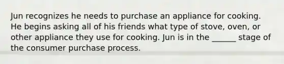 Jun recognizes he needs to purchase an appliance for cooking. He begins asking all of his friends what type of stove, oven, or other appliance they use for cooking. Jun is in the ______ stage of the consumer purchase process.