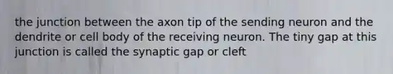 the junction between the axon tip of the sending neuron and the dendrite or cell body of the receiving neuron. The tiny gap at this junction is called the synaptic gap or cleft