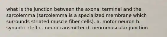 what is the junction between the axonal terminal and the sarcolemma (sarcolemma is a specialized membrane which surrounds striated muscle fiber cells). a. motor neuron b. synaptic cleft c. neurotransmitter d. neuromuscular junction