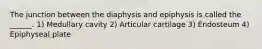 The junction between the diaphysis and epiphysis is called the ______. 1) Medullary cavity 2) Articular cartilage 3) Endosteum 4) Epiphyseal plate