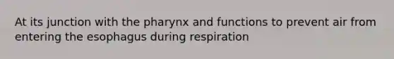 At its junction with the pharynx and functions to prevent air from entering the esophagus during respiration