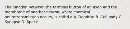 The junction between the terminal button of an axon and the membrane of another neuron, where chemical neurotransmission occurs, is called a A. Dendrite B. Cell body C. Synapse D. Space