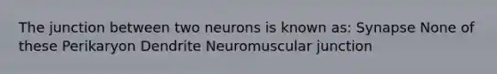 The junction between two neurons is known as: Synapse None of these Perikaryon Dendrite Neuromuscular junction