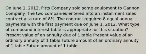 On June 1, 2012, Pitts Company sold some equipment to Gannon Company. The two companies entered into an installment sales contract at a rate of 8%. The contract required 8 equal annual payments with the first payment due on June 1, 2012. What type of compound interest table is appropriate for this situation? Present value of an annuity due of 1 table Present value of an ordinary annuity of 1 table Future amount of an ordinary annuity of 1 table Future amount of 1 table