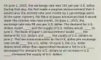 On June​ 1, 2015, the exchange rate was 101 yen per U.S. dollar. During that​ day, the Fed made a surprise announcement that it would raise the interest rate next month by 1 percentage point. At the same​ moment, the Bank of Japan announced that it would lower the interest rate next month. On June​ 2, 2015, the exchange rate was 99 yen per U.S. dollar. The demand for U.S. dollars would​ _____ and the supply of U.S. dollars would​ _____ on June 2. The Bank of​ Japan's announcement would​ _____ the demand for U.S. dollars and​ _____ the supply of U.S. dollars on June 2. The two announcements on the U.S.​ dollar-yen exchange rate would​ _____ the U.S. dollar. On June​ 2, the U.S. dollar depreciated rather than appreciated because a fall in U.S.​ _____ decreased the demand for U.S. dollars or an increase in U.S.​ _____ increased the supply of U.S. dollars