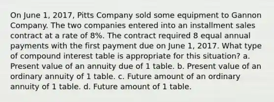 On June 1, 2017, Pitts Company sold some equipment to Gannon Company. The two companies entered into an installment sales contract at a rate of 8%. The contract required 8 equal annual payments with the first payment due on June 1, 2017. What type of compound interest table is appropriate for this situation? a. Present value of an annuity due of 1 table. b. Present value of an ordinary annuity of 1 table. c. Future amount of an ordinary annuity of 1 table. d. Future amount of 1 table.